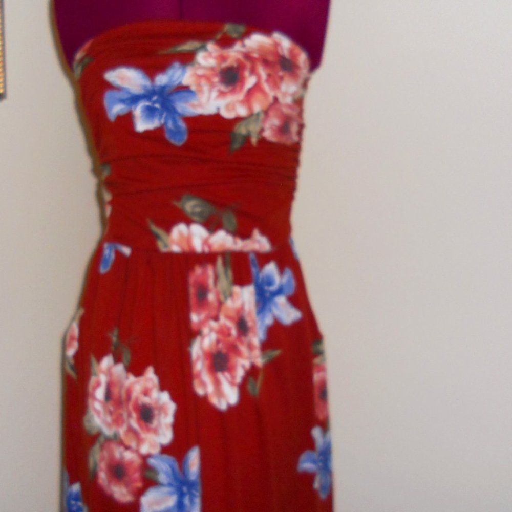 Rags Couture M Strapless Maxi Dress Rust Floral Pattern Hidden Pockets